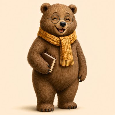 Goldie, a brown bear with round glasses and a yellow scarf, holding a book.